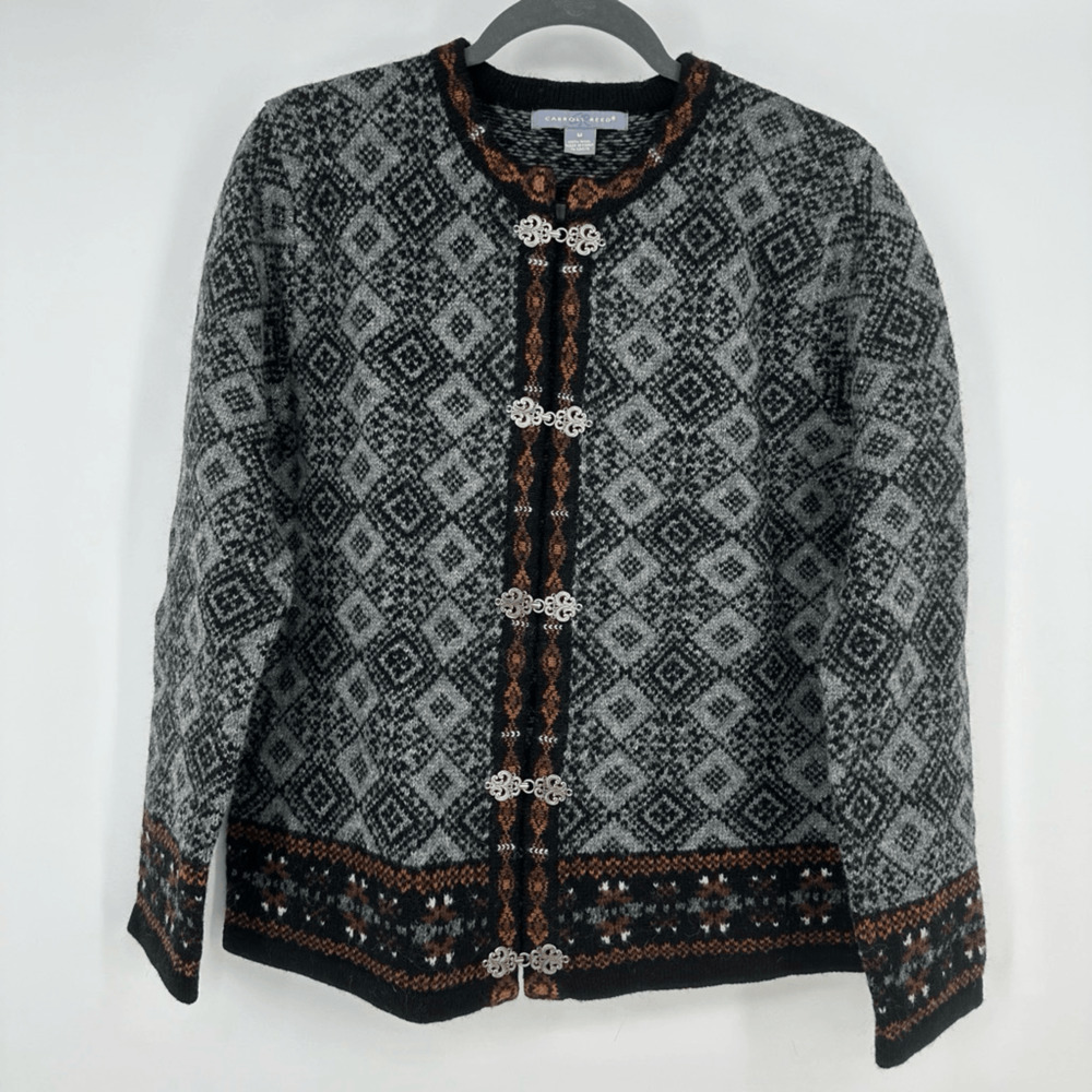 VTG Carroll Reed 100% Wool Nordic Fair Isle Cardigan Sweater Gray Clasp Womens M - Picture 11 of 11